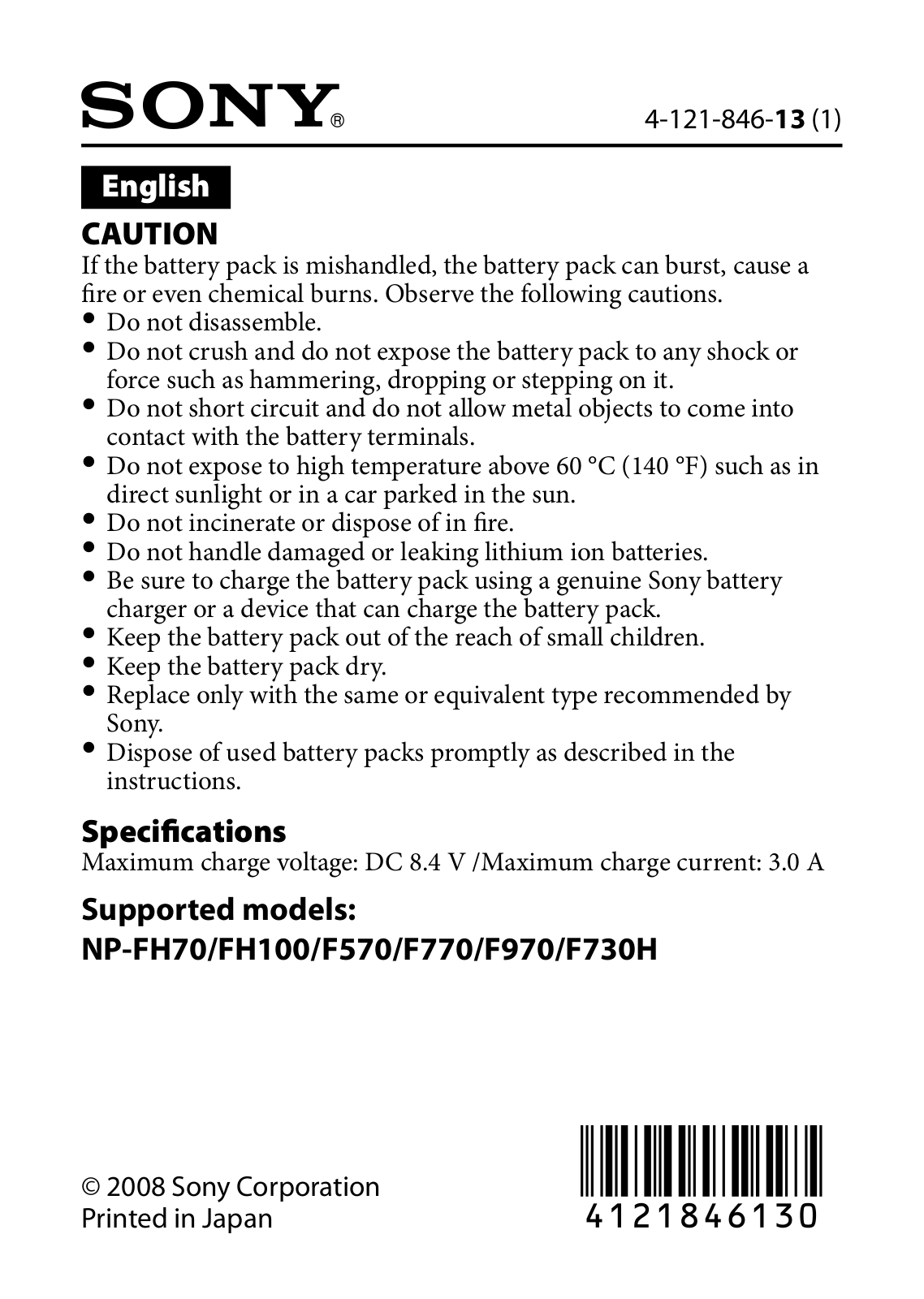 Sony NP-FH70, NP-FH70T, NP-FH100 Cautions