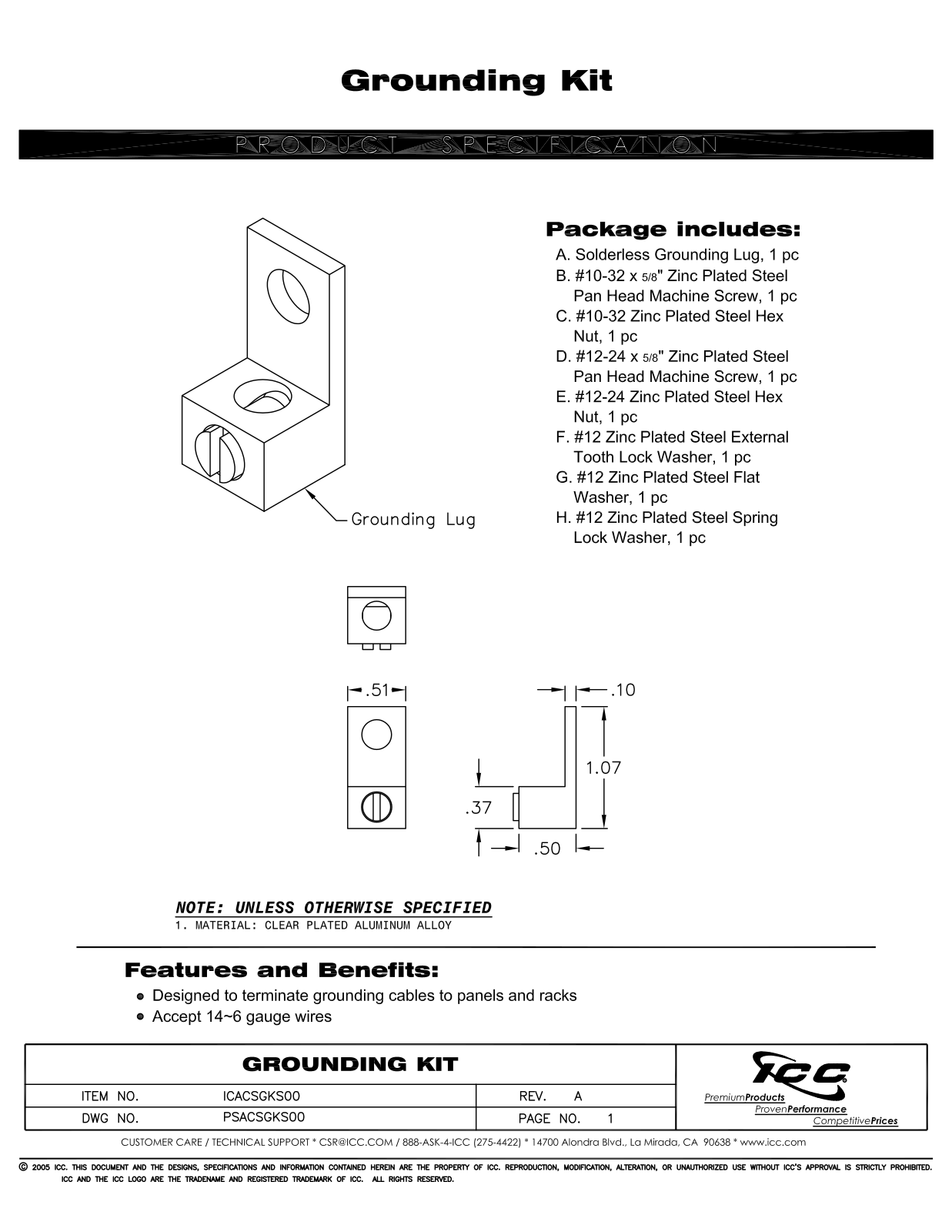 ICC ICACSGKS00 Specsheet