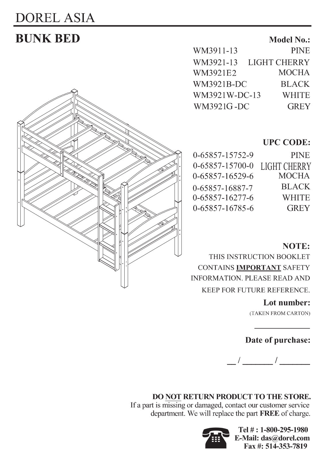 Dorel Asia WM3911-13, WM3921-13, WM3921E2, WM3921B-DC, WM3921W-DC-13 Instruction Manual