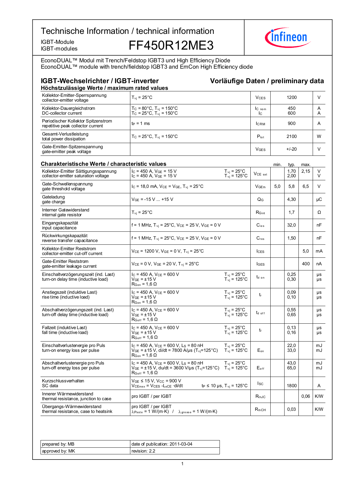 Infineon FF450R12ME3 Data Sheet