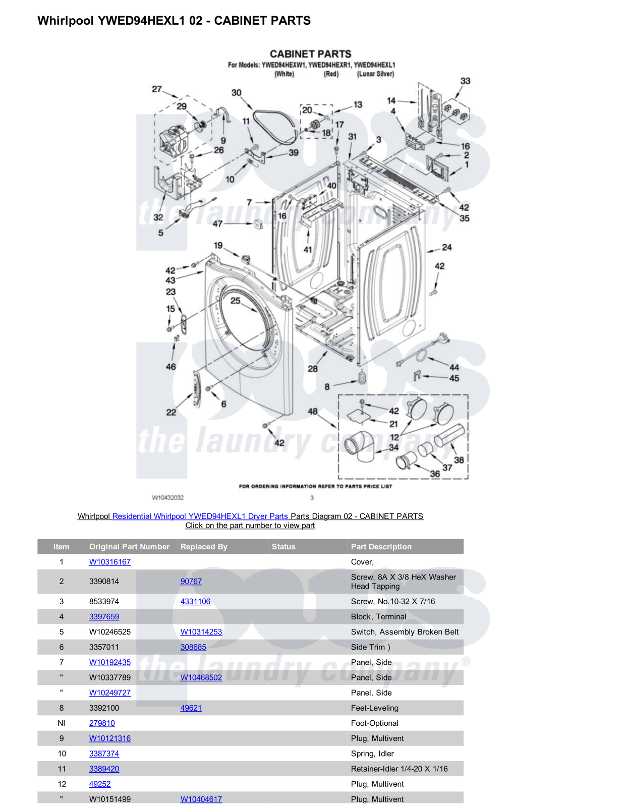 Whirlpool YWED94HEXL1 Parts Diagram