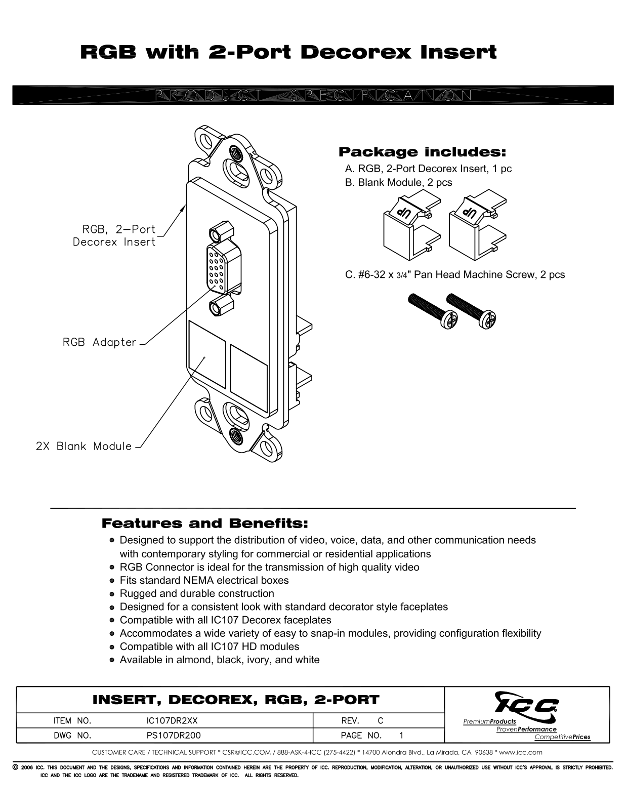 ICC IC107DR2AL, IC107DR2BK, IC107DR2IV, IC107DR2WH Specsheet