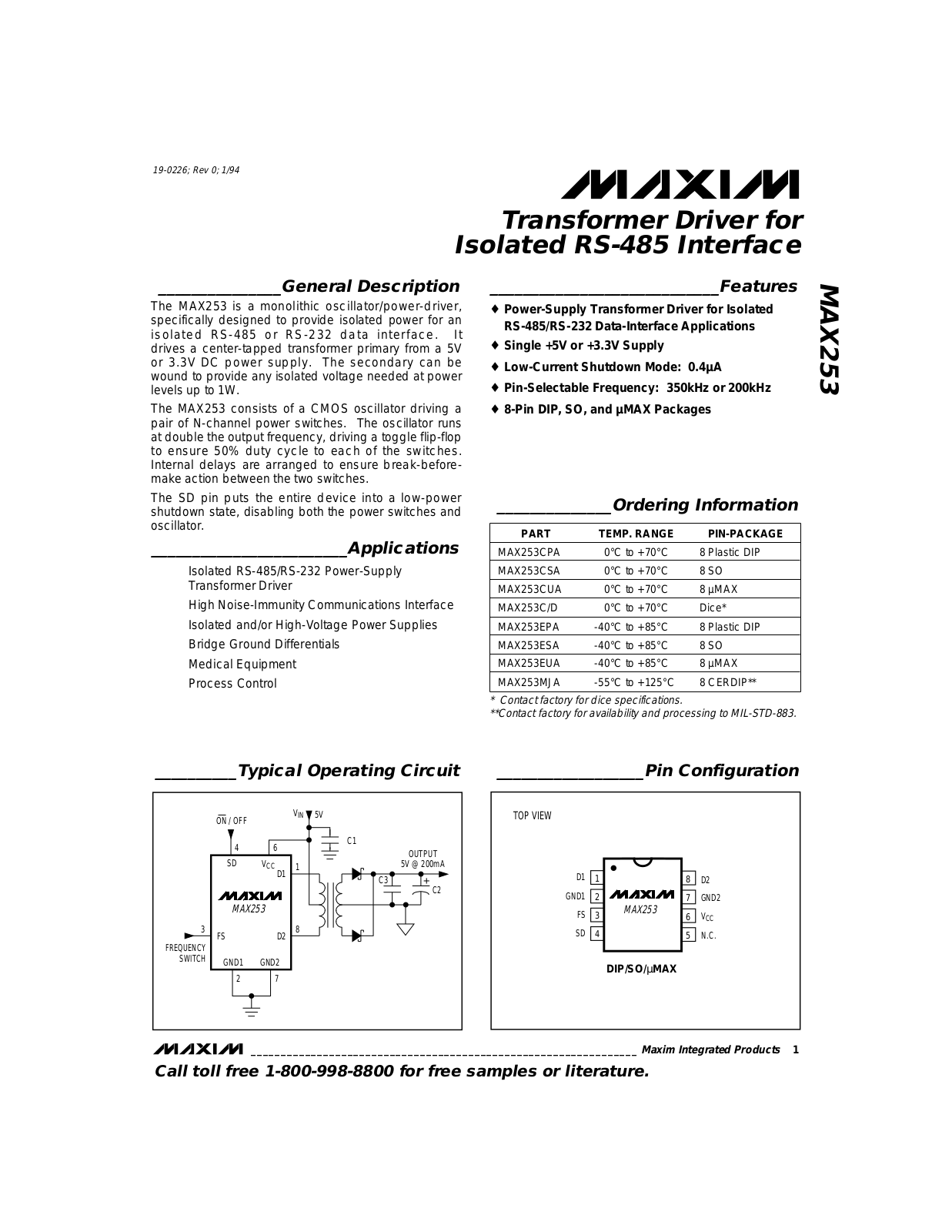 Maxim MAX253EUA, MAX253ESA, MAX253EPA, MAX253CUA, MAX253CSA Datasheet