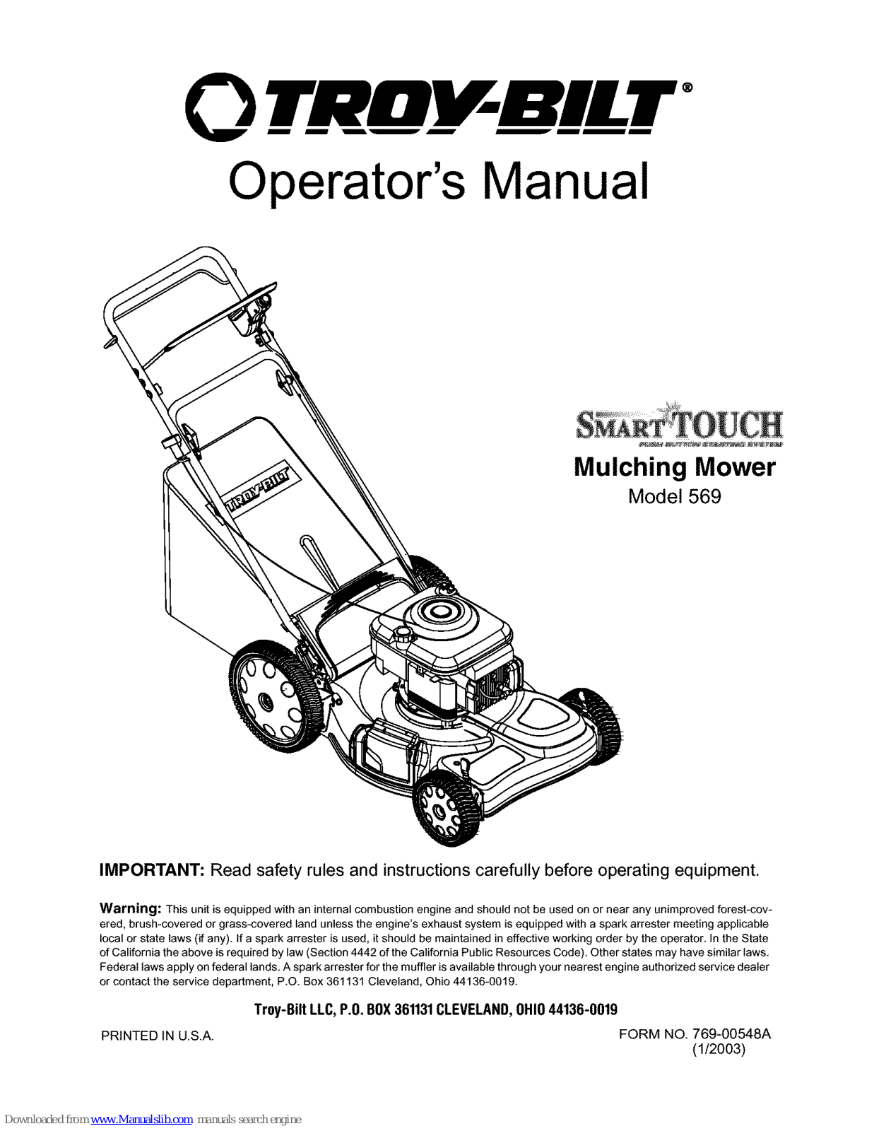 Troy-Bilt Smart Touch 569 Operator's Manual - ManualMachine.com