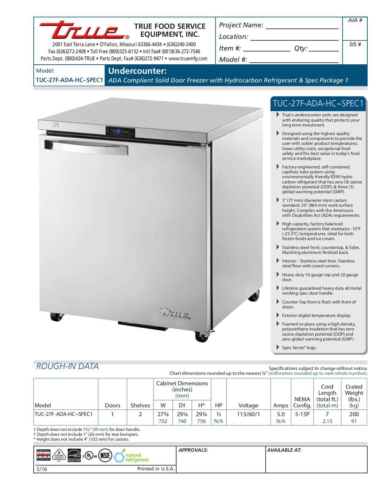 True Refrigeration TUC-27F-ADA-HC User Manual