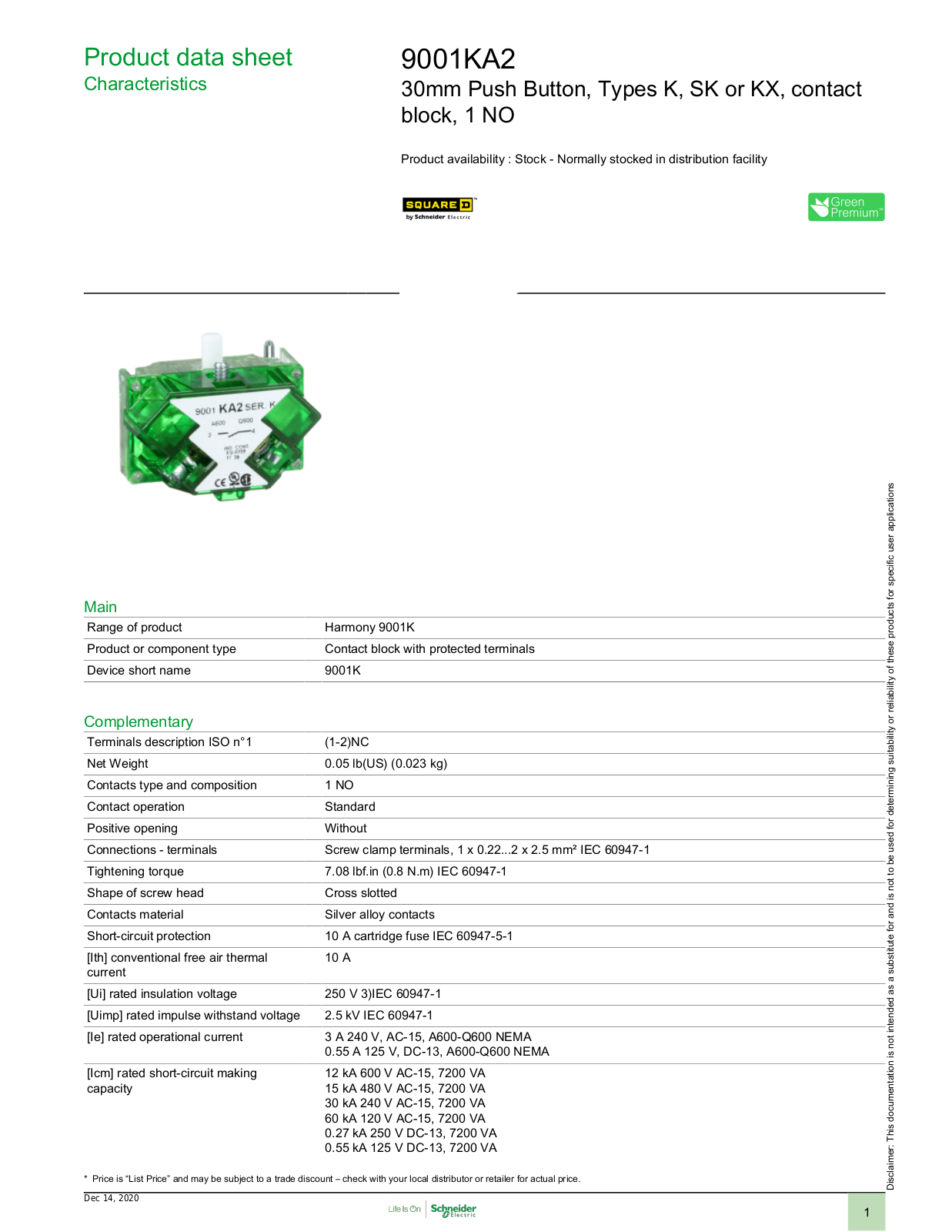 Square D 9001KA2 Data Sheet