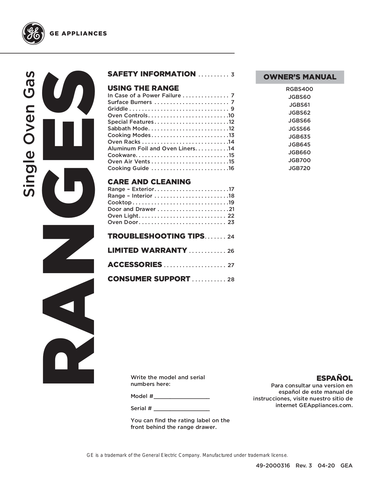 GE JCGBS61RPSS OWNER’S MANUAL