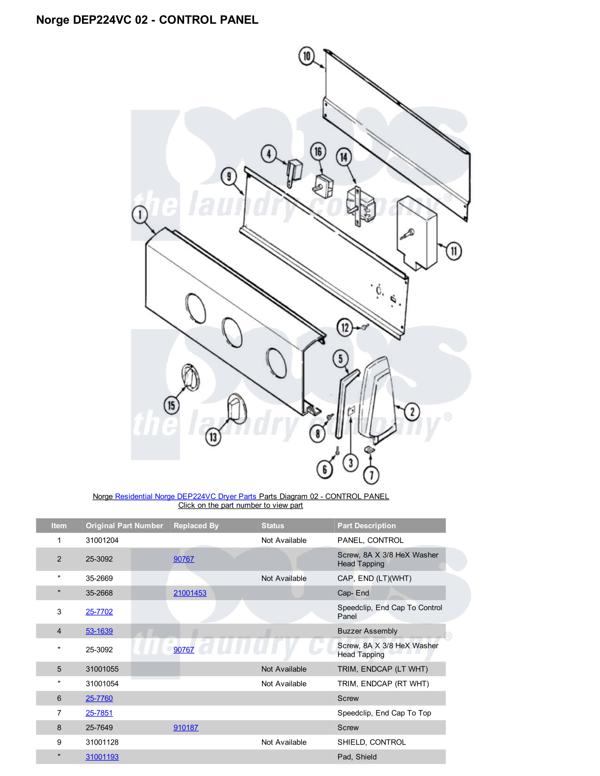 Norge DEP224VC Parts Diagram