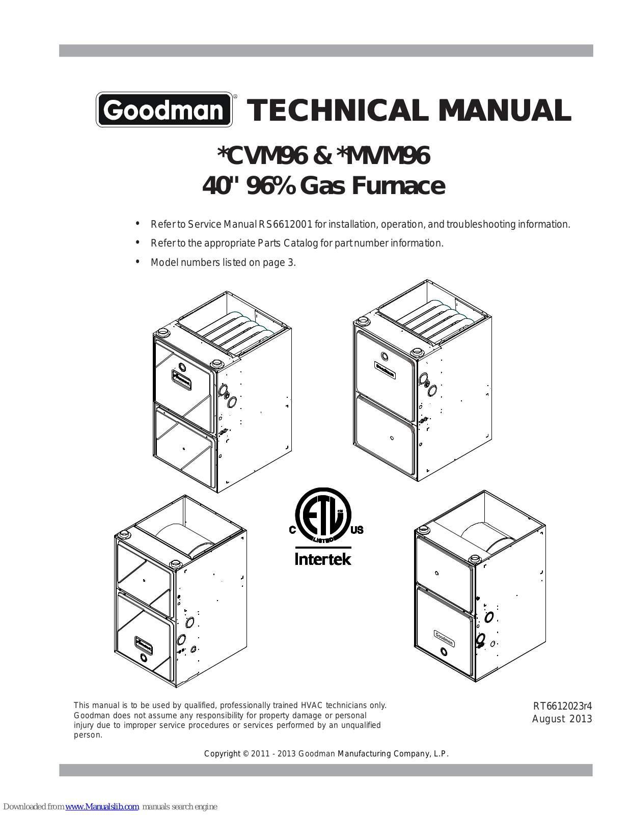 Goodman GCVM960805DXB, GCVM960805DXA, GCVM961005DXB, GMVM960603BXA, GMVM960805CXA Technical Manual