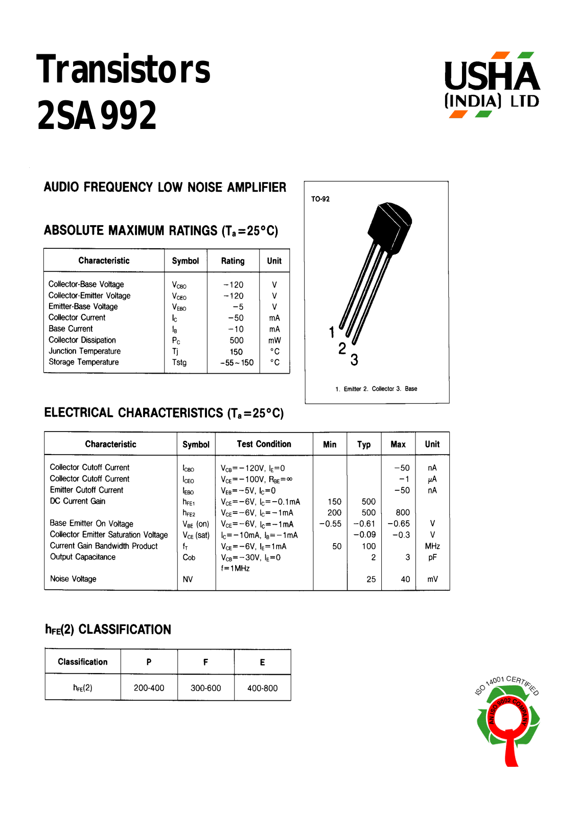 USHA 2SA992 Datasheet