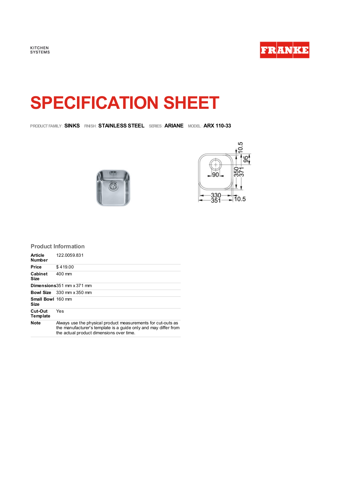 Franke Foodservice ARX 110-33 User Manual