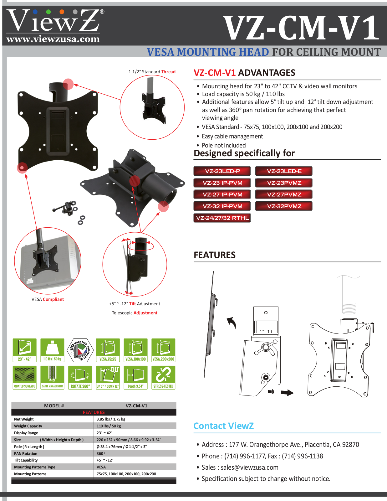 ViewZ VZ-CM-V1 Specsheet