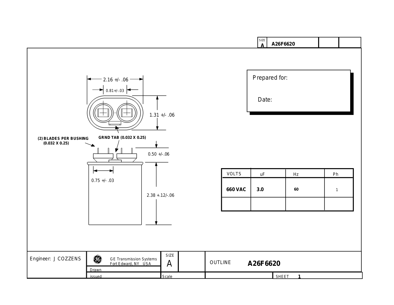 GE Capacitor A26F6620 Dimensional Sheet