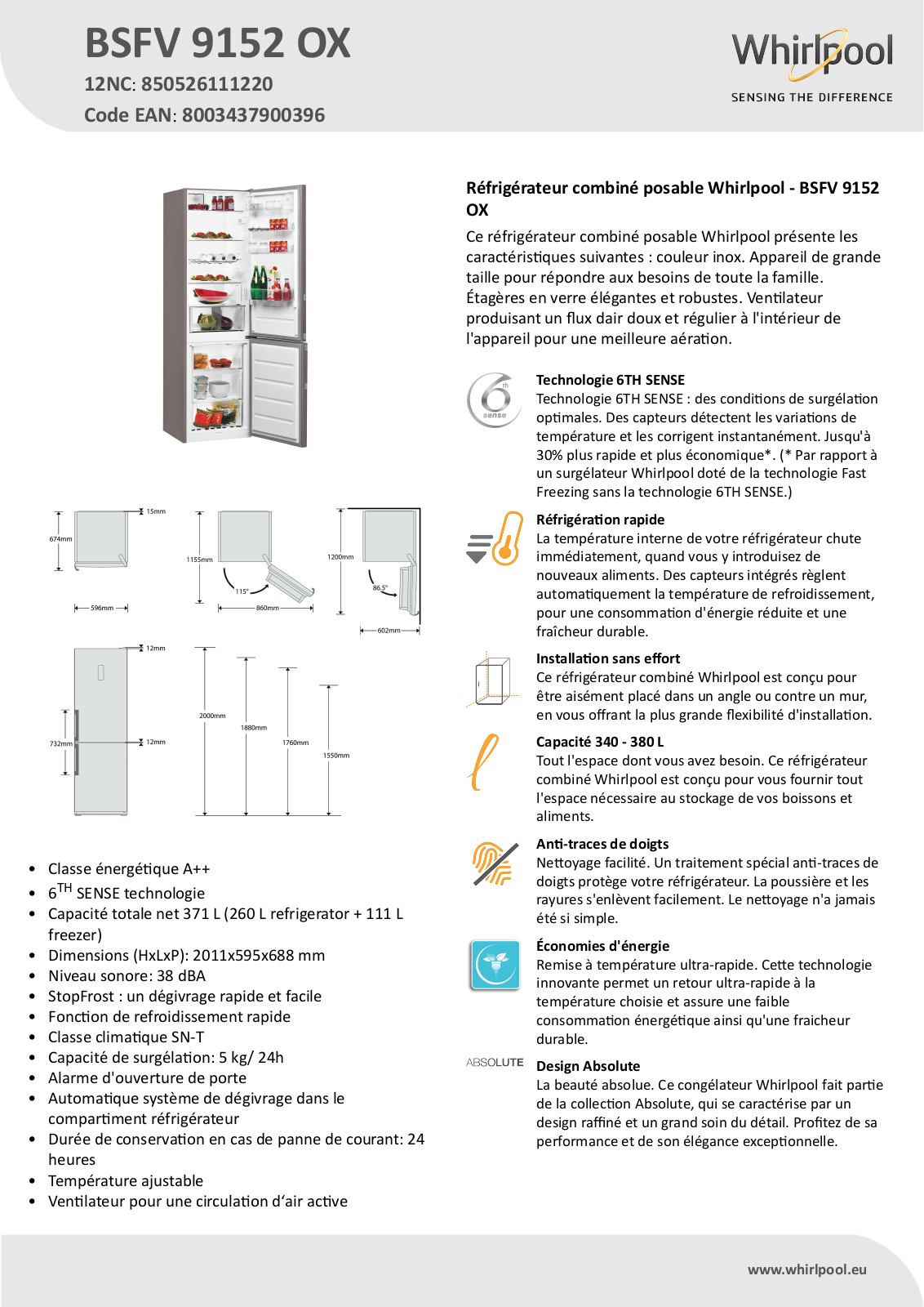 Whirlpool BSFV 9152 OX Product information