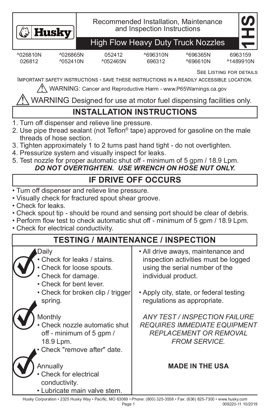 Husky 1HS Installation Manual