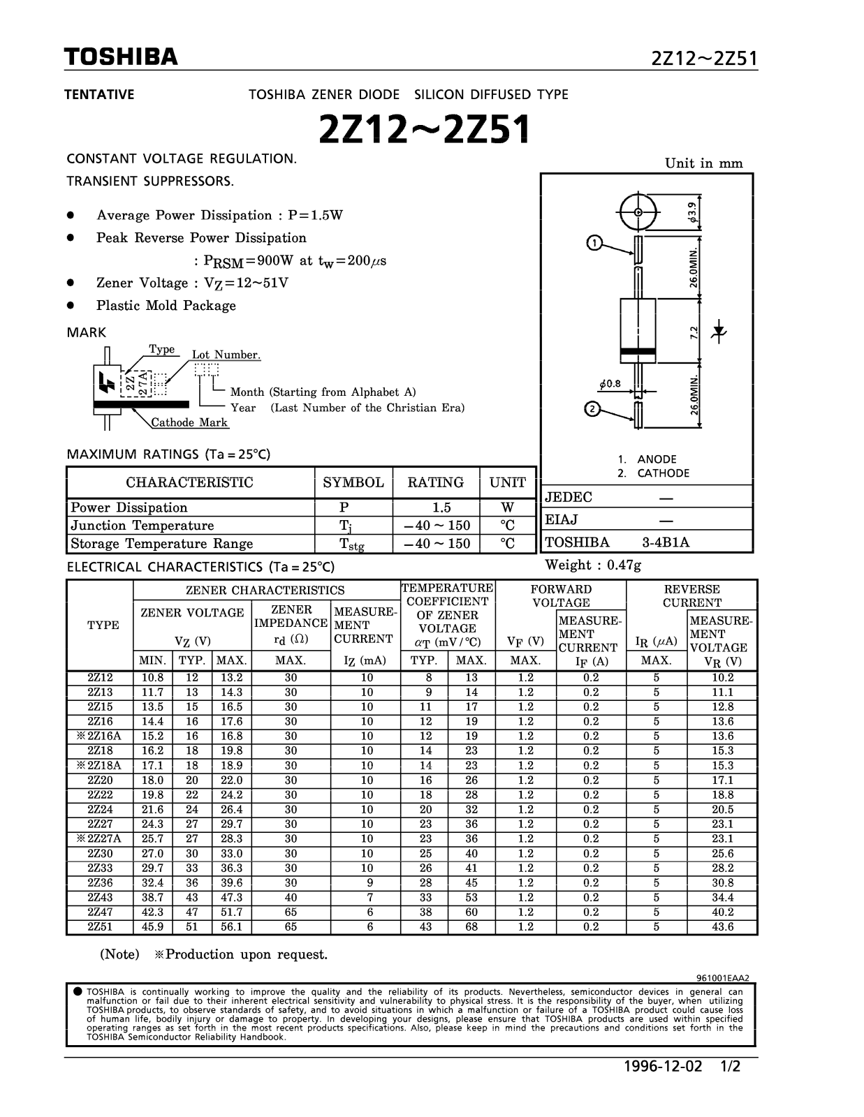 Toshiba 2Z18A, 2Z18, 2Z16A Datasheet