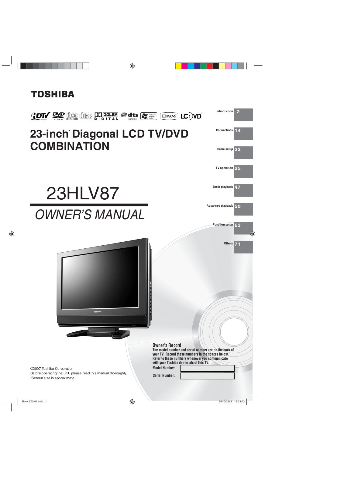 Toshiba 23HLV87 User Manual