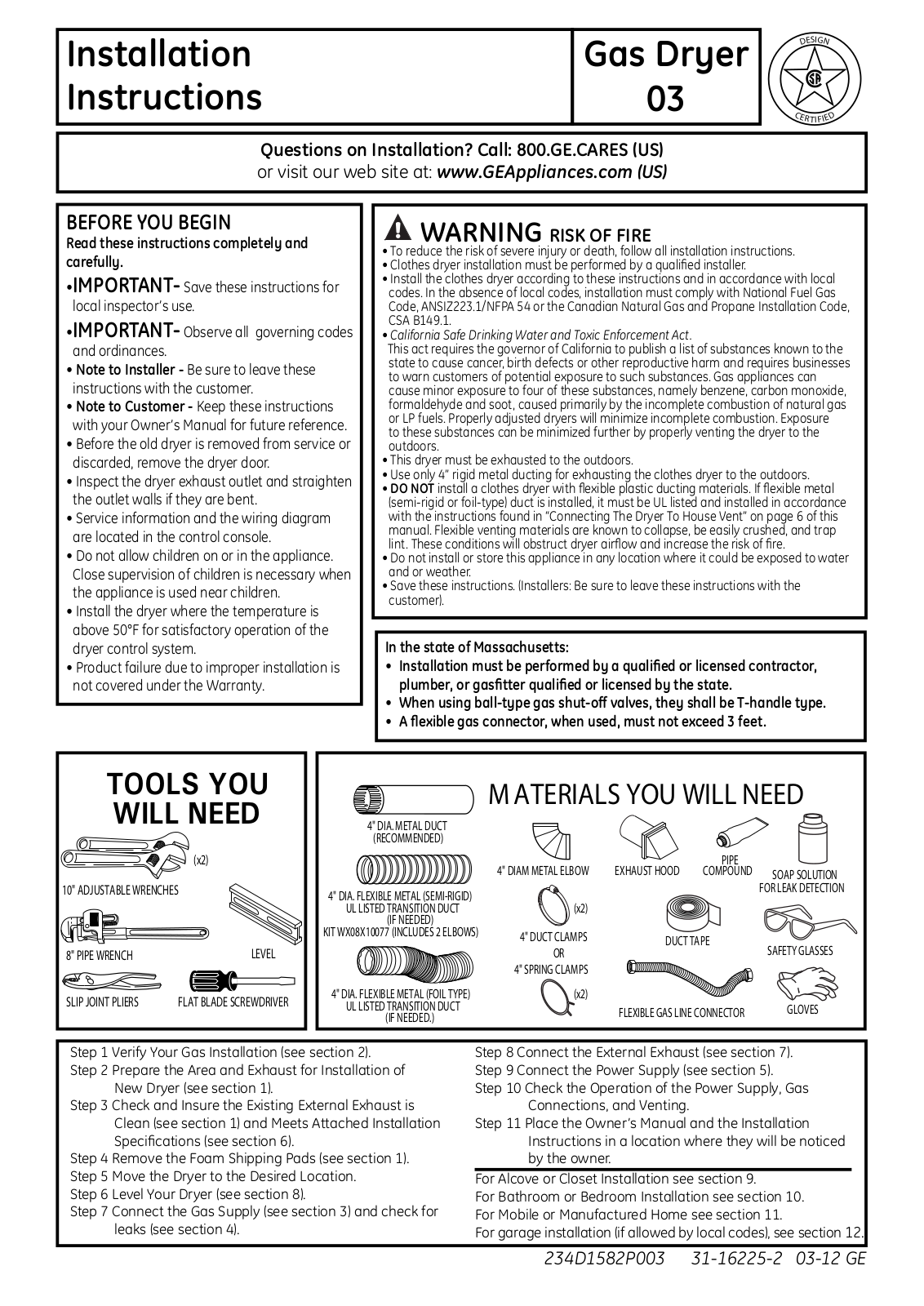 GE GTDL210GDWW Quick Start Manual