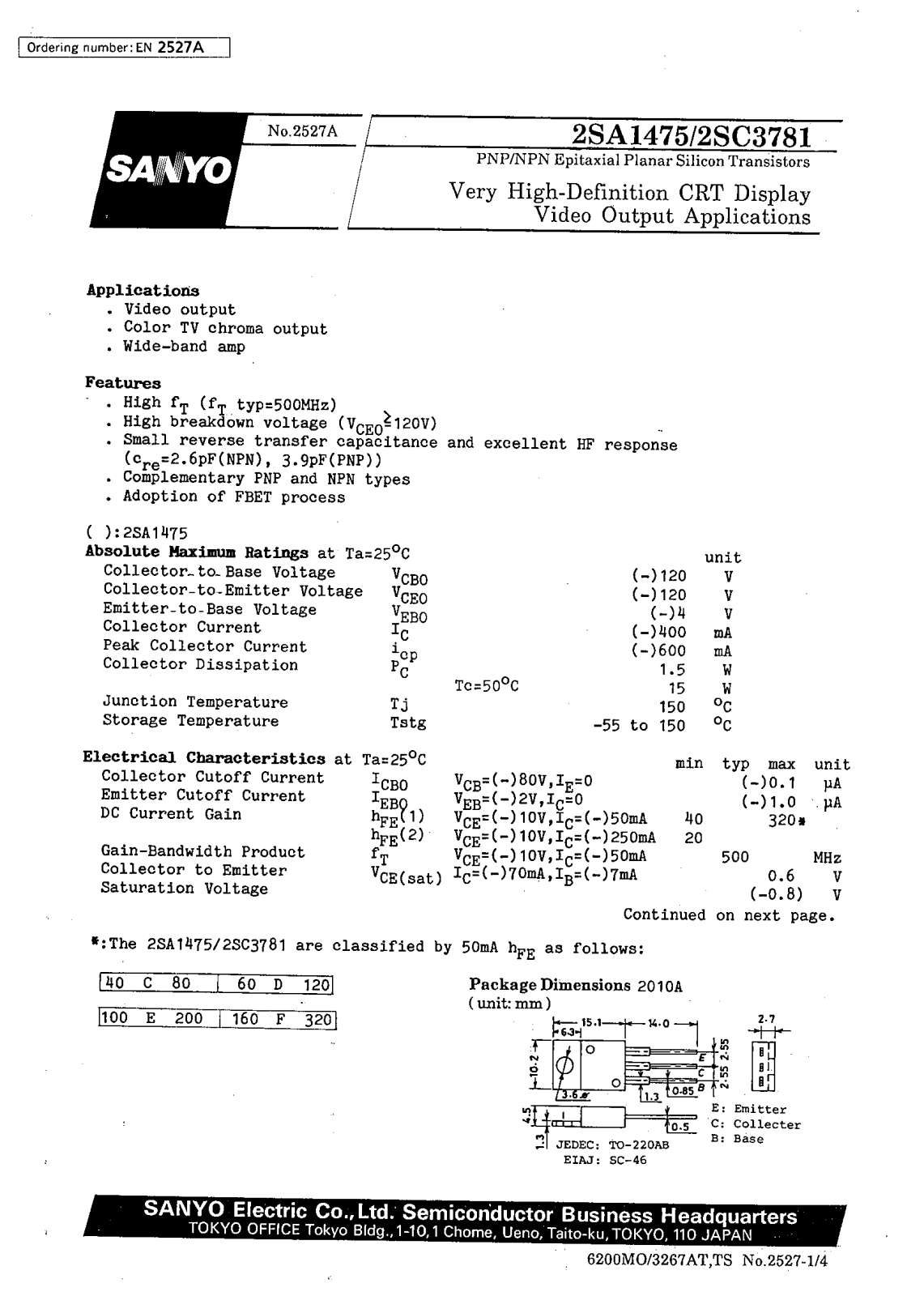 SANYO 2SC3781, 2SA1475 Datasheet