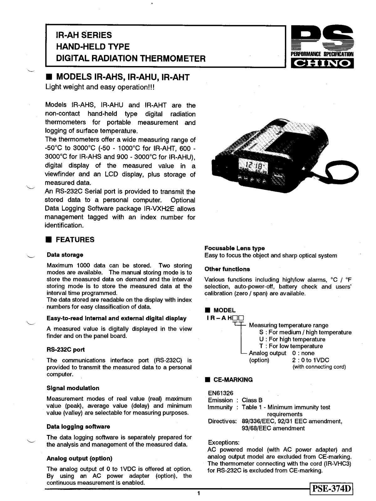 CHINO IR-AH Specifications