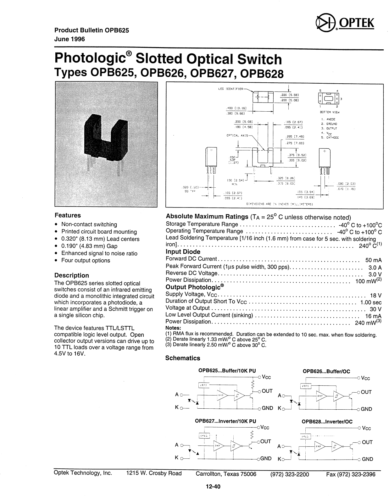 OPTEK OPB626, OPB628, OPB627, OPB625 Datasheet