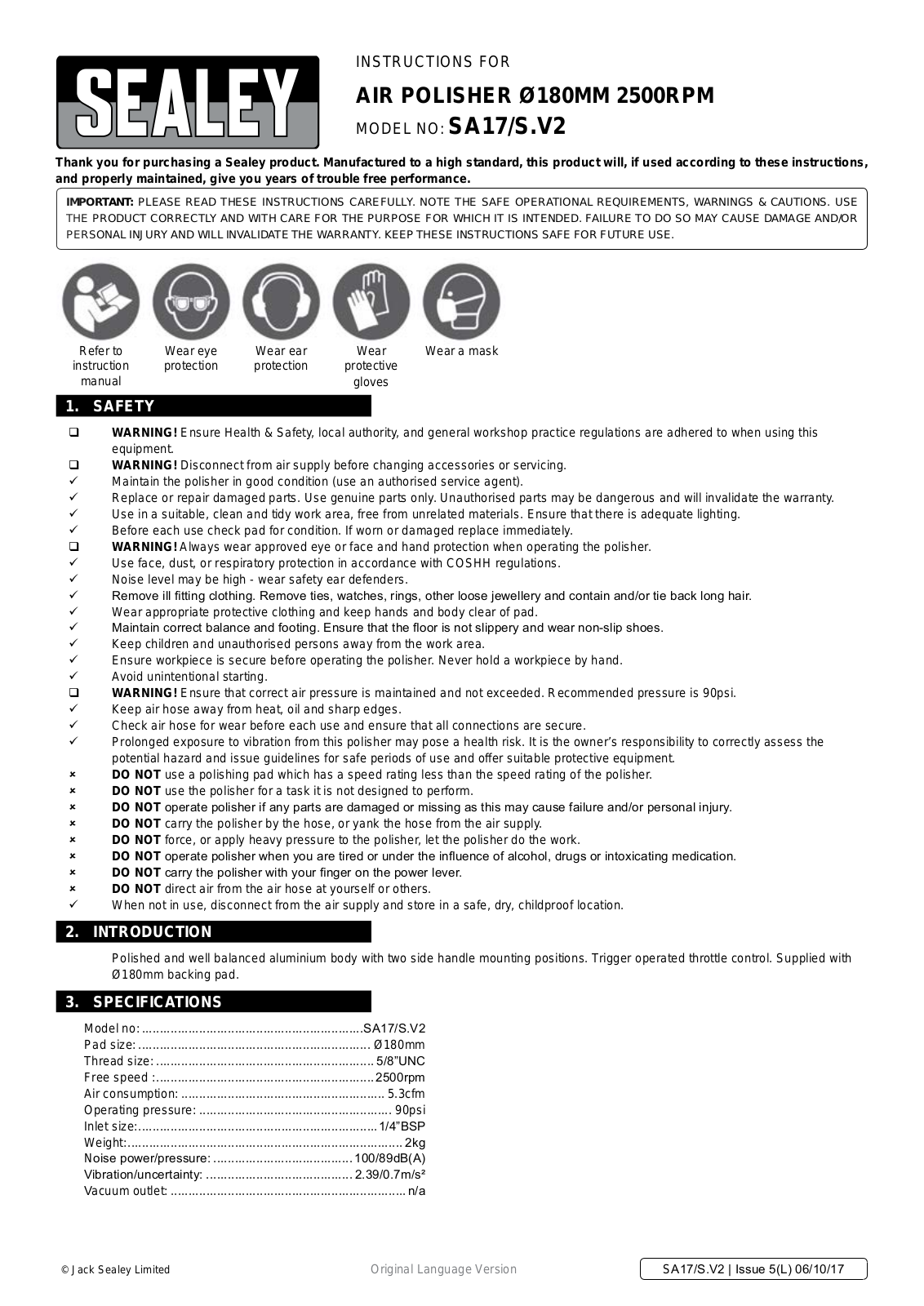 Sealey SA17/S.V2 Instruction Booklet