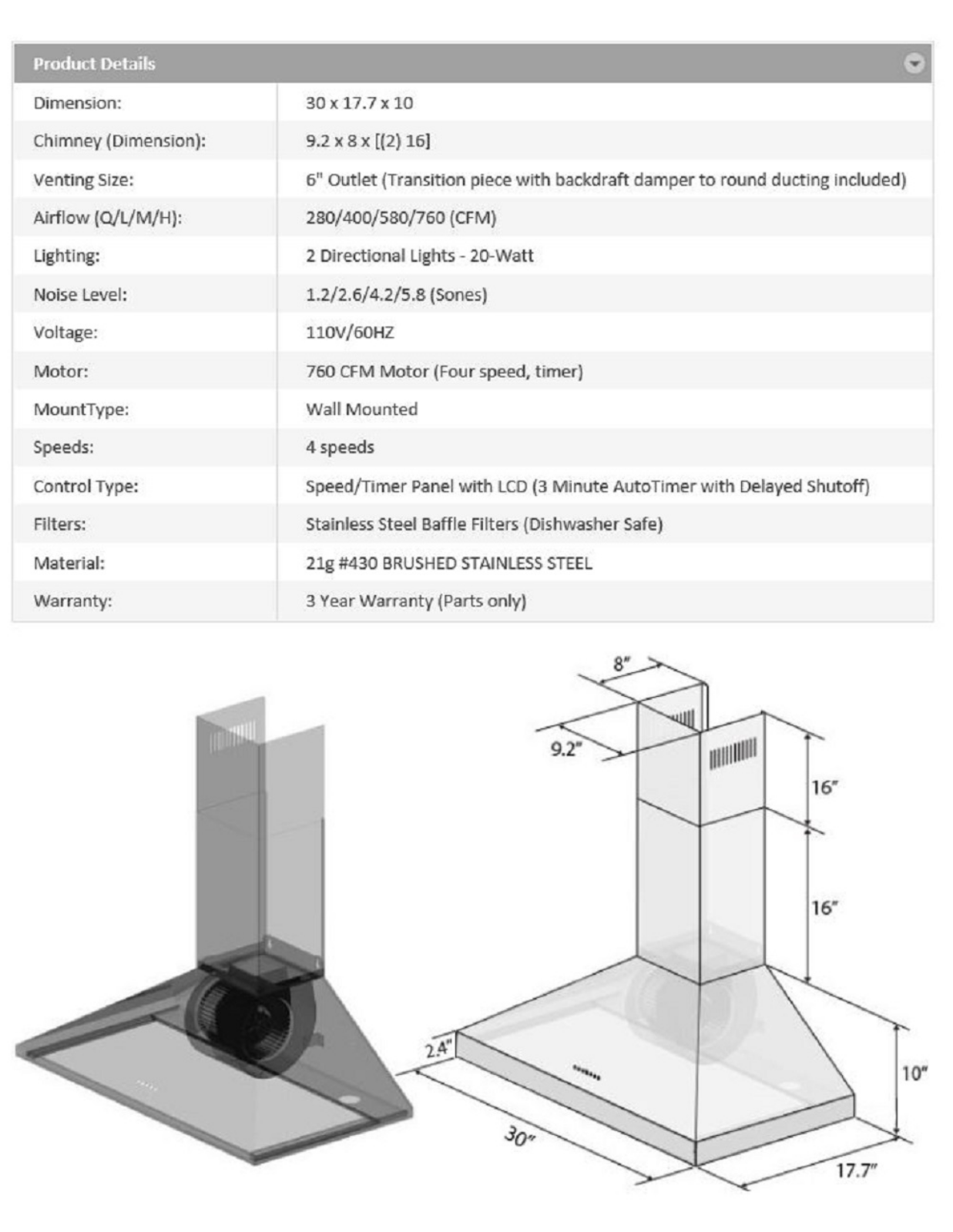 ZLINE KL3CRN36, KL3CRN30 Specifications