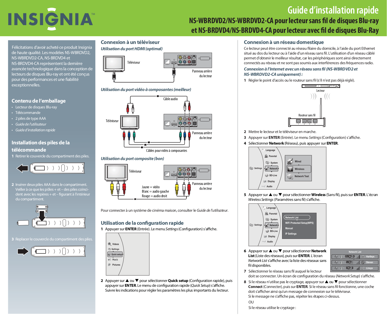 Insignia NS-WBRDVD2, NS-WBRDVD2-CA, NS-WBRDVD4, NS-WBRDVD4-CA Manual D'installation Rapide