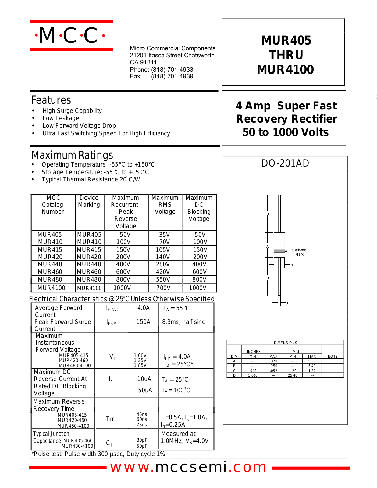 MCC MUR460, MUR4100, MUR480, MUR440, MUR410 Datasheet