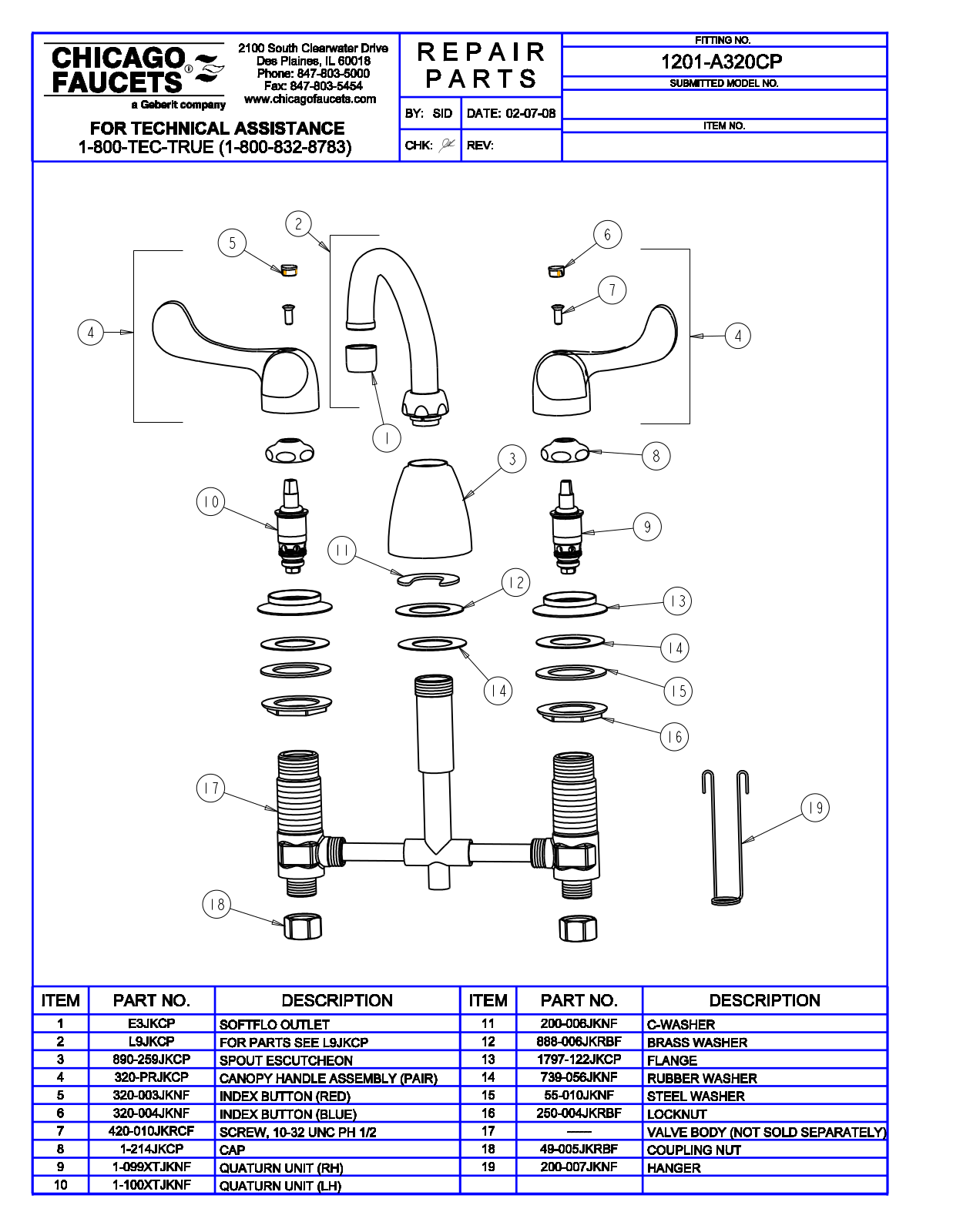 Chicago Faucet 1200-AXK Parts List