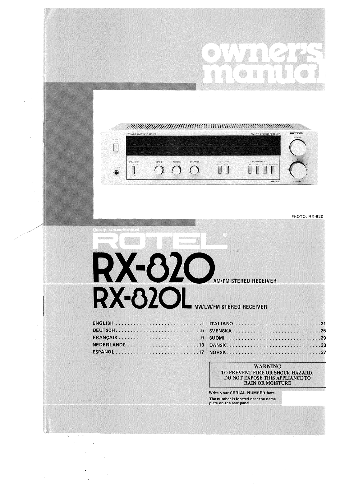 Rotel RX-820, RX-820L User Manual