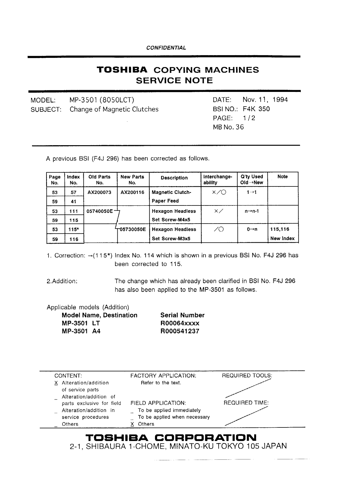 Toshiba f4k350 Service Note