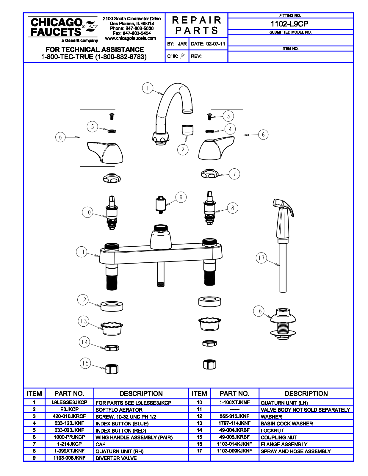 Chicago Faucet 1102-L9 Parts List