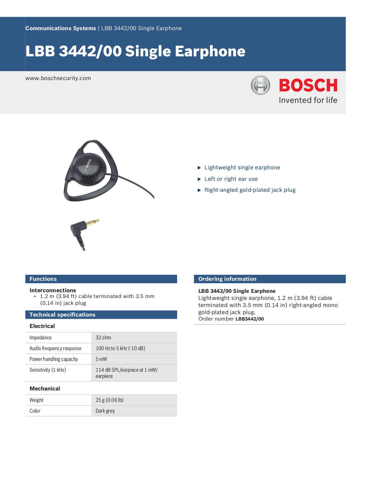 Bosch LBB3442-00 Specsheet