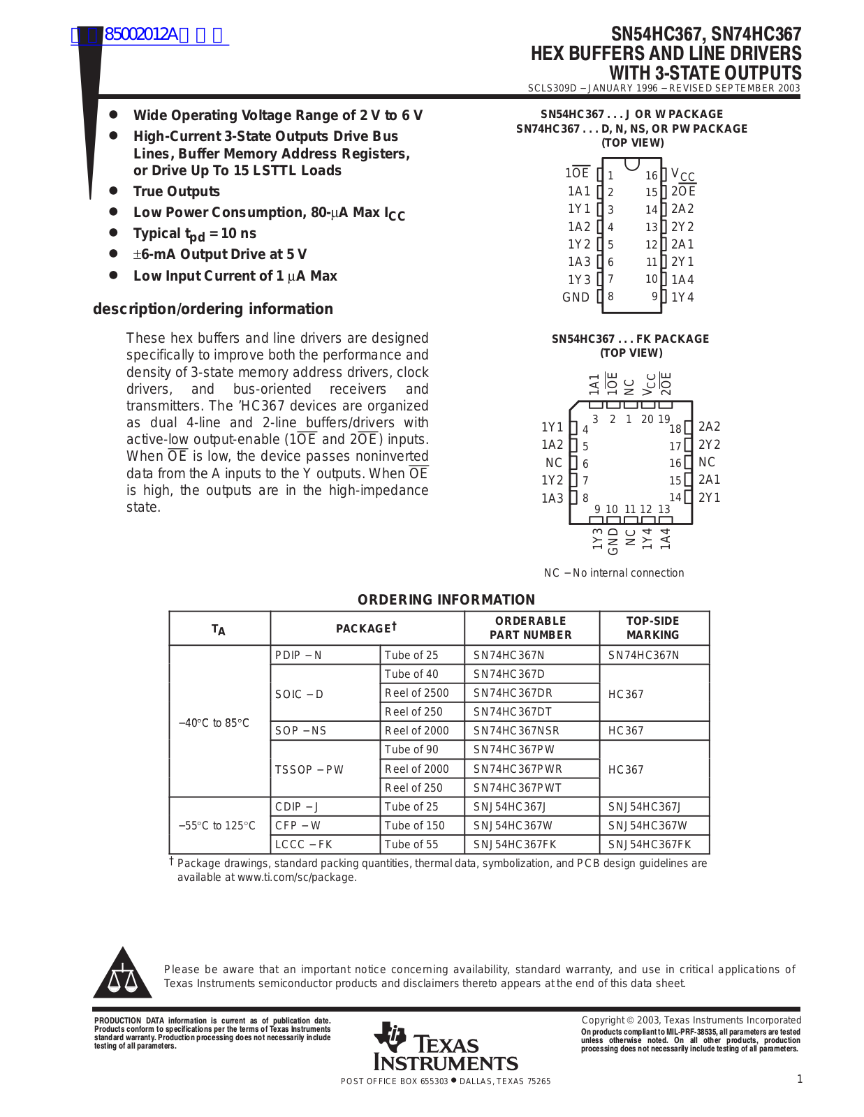 TEXAS INSTRUMENTS SN54HC367, SN74HC367 Technical data