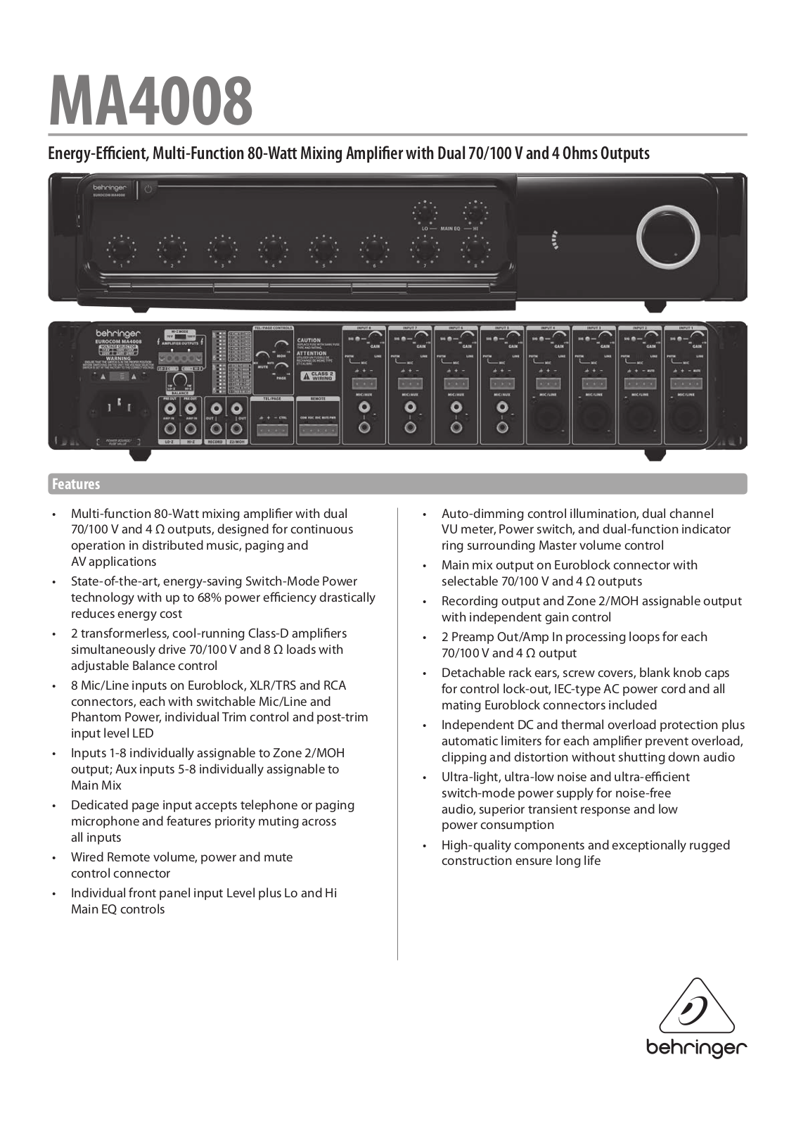 Behringer MA4008 Specification Sheet