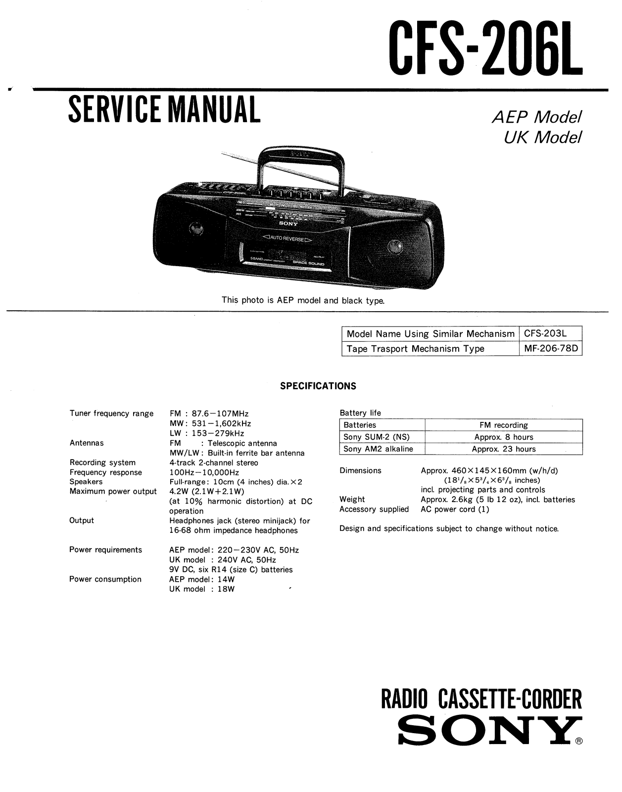 Sony CFS-20-GL, CFS-206-L Service manual