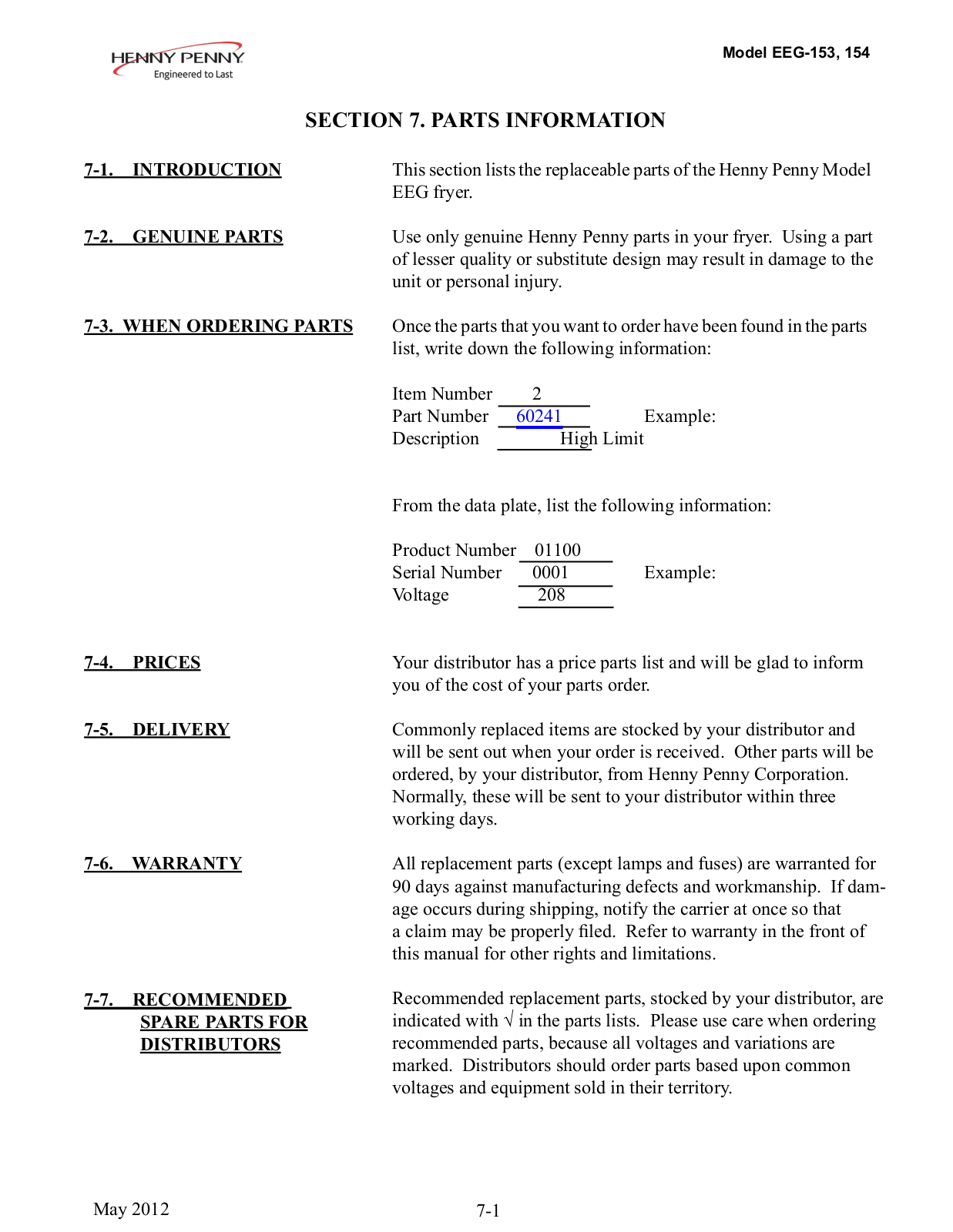 Henny Penny EEG-154 Parts Manual