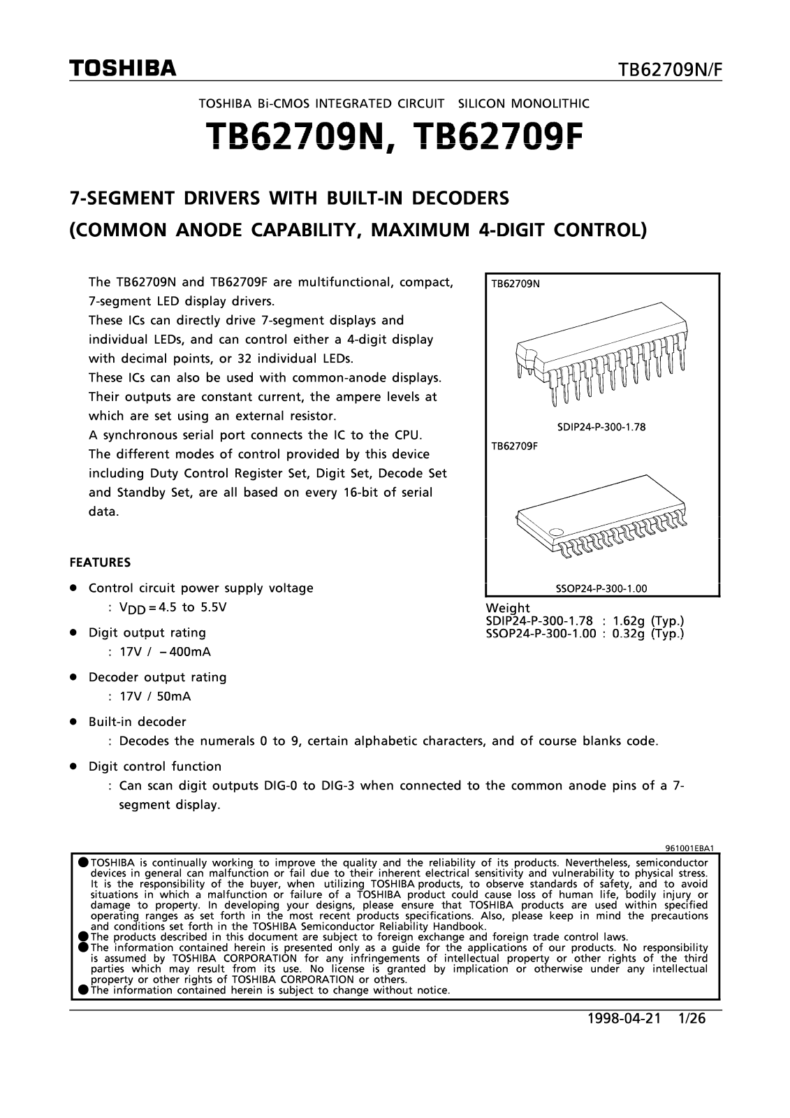 Toshiba TB62709N Datasheet