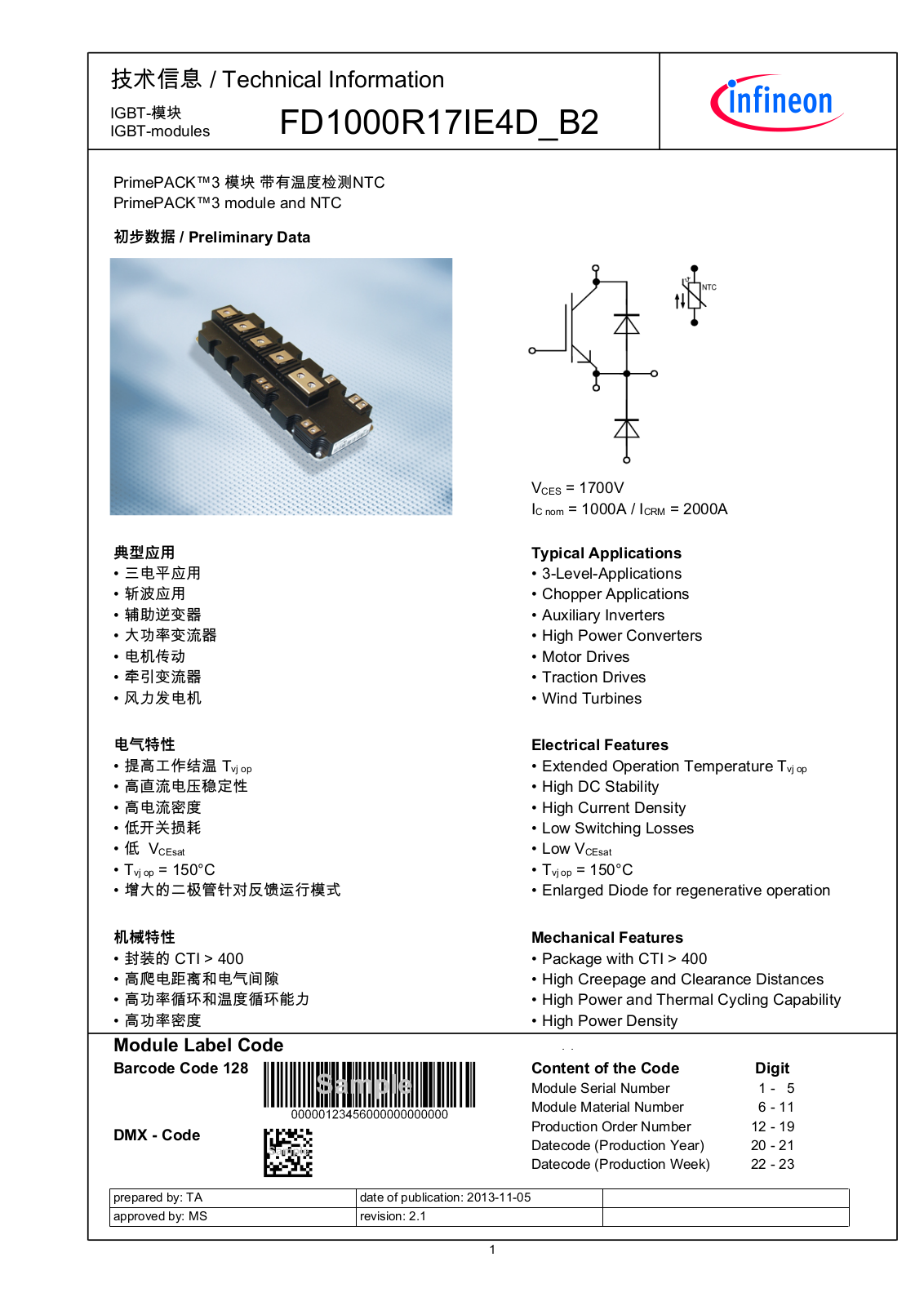 Infineon FD1000R17IE4D_B2 Data Sheet