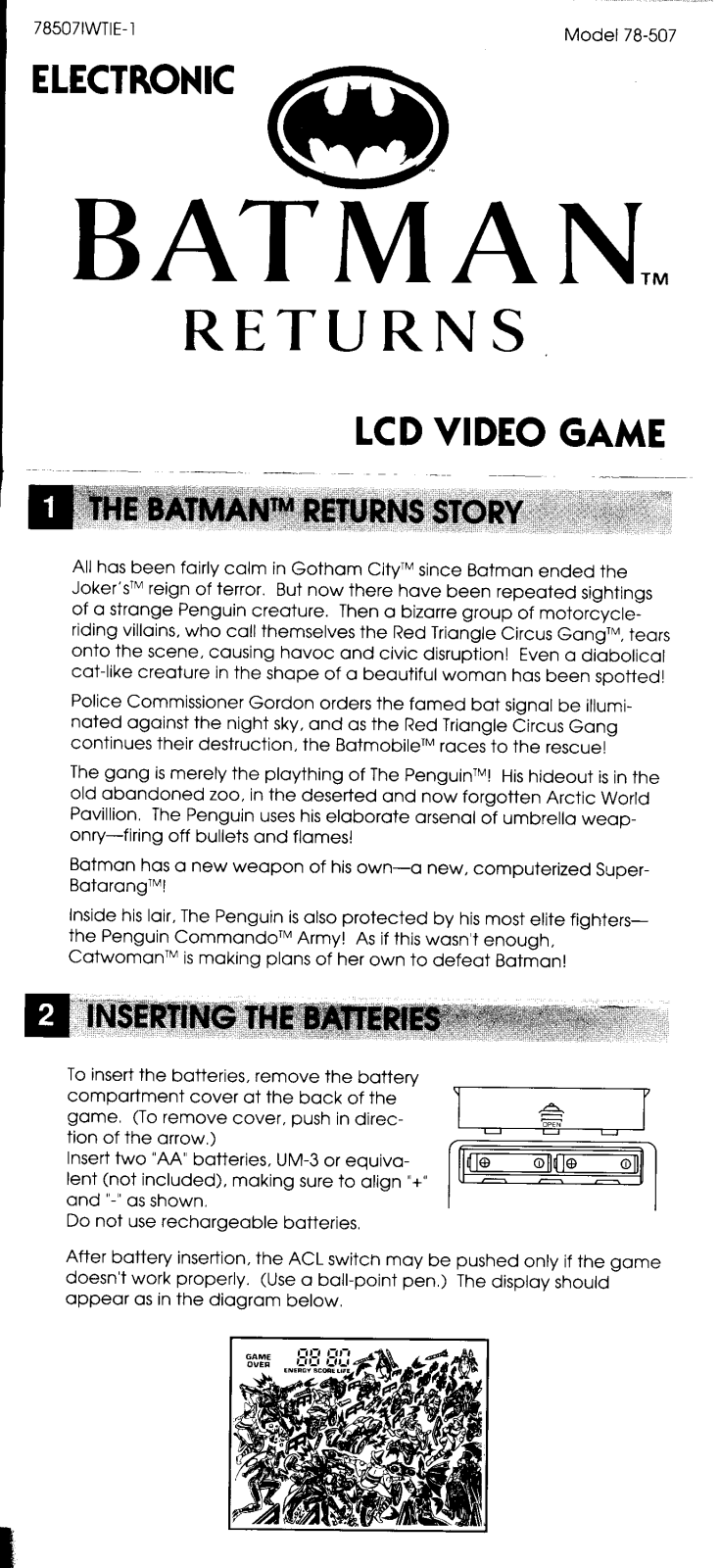 HASBRO Batman Returns Electronic LCD Video Game User Manual