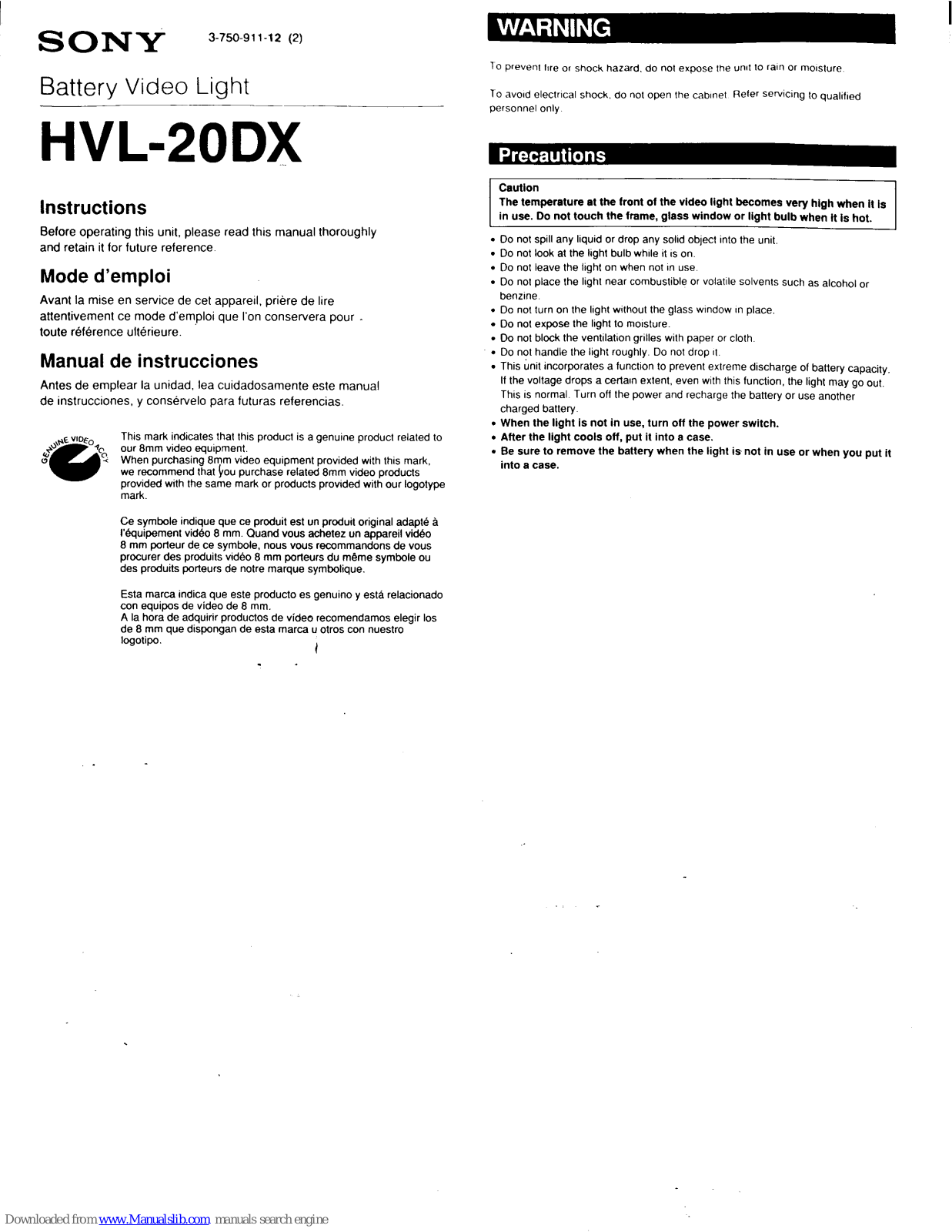 Sony HVL-20DX - BATT.POWERED VIDEO LT Instructions Manual