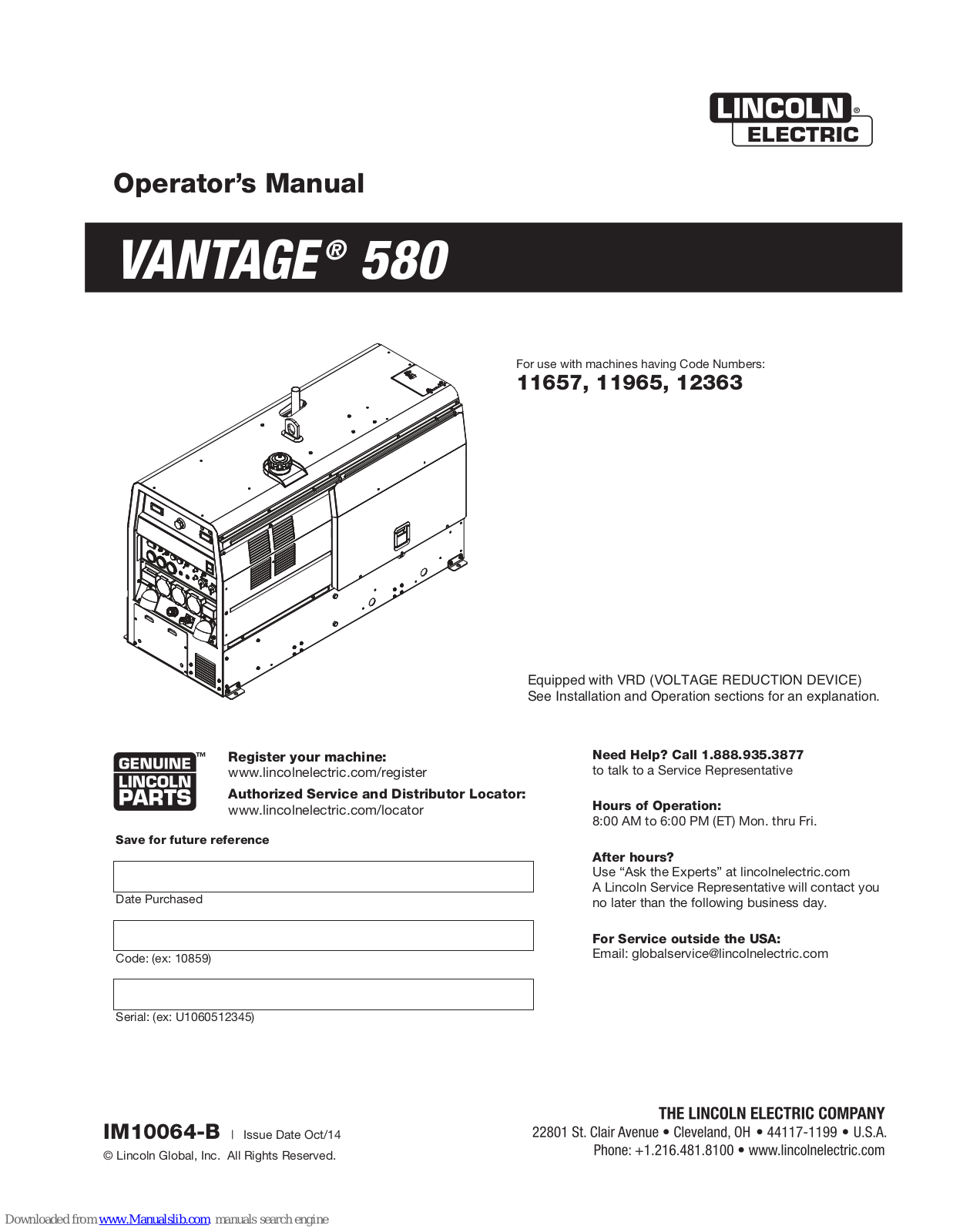 Lincoln Electric Vantage 580 11657, Vantage 580 11965, Vantage 580 12363 Operator's Manual