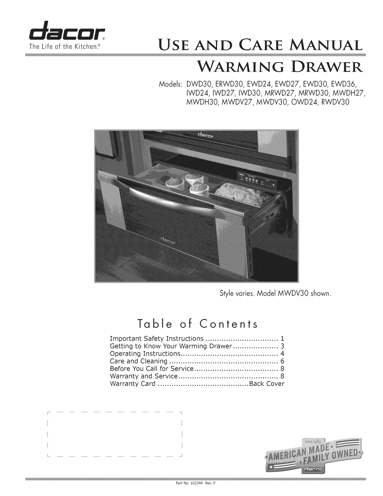 Dacor MWDV30S, OWD24, RWDV30, MWDV27S, MWDH30S Owner’s Manual