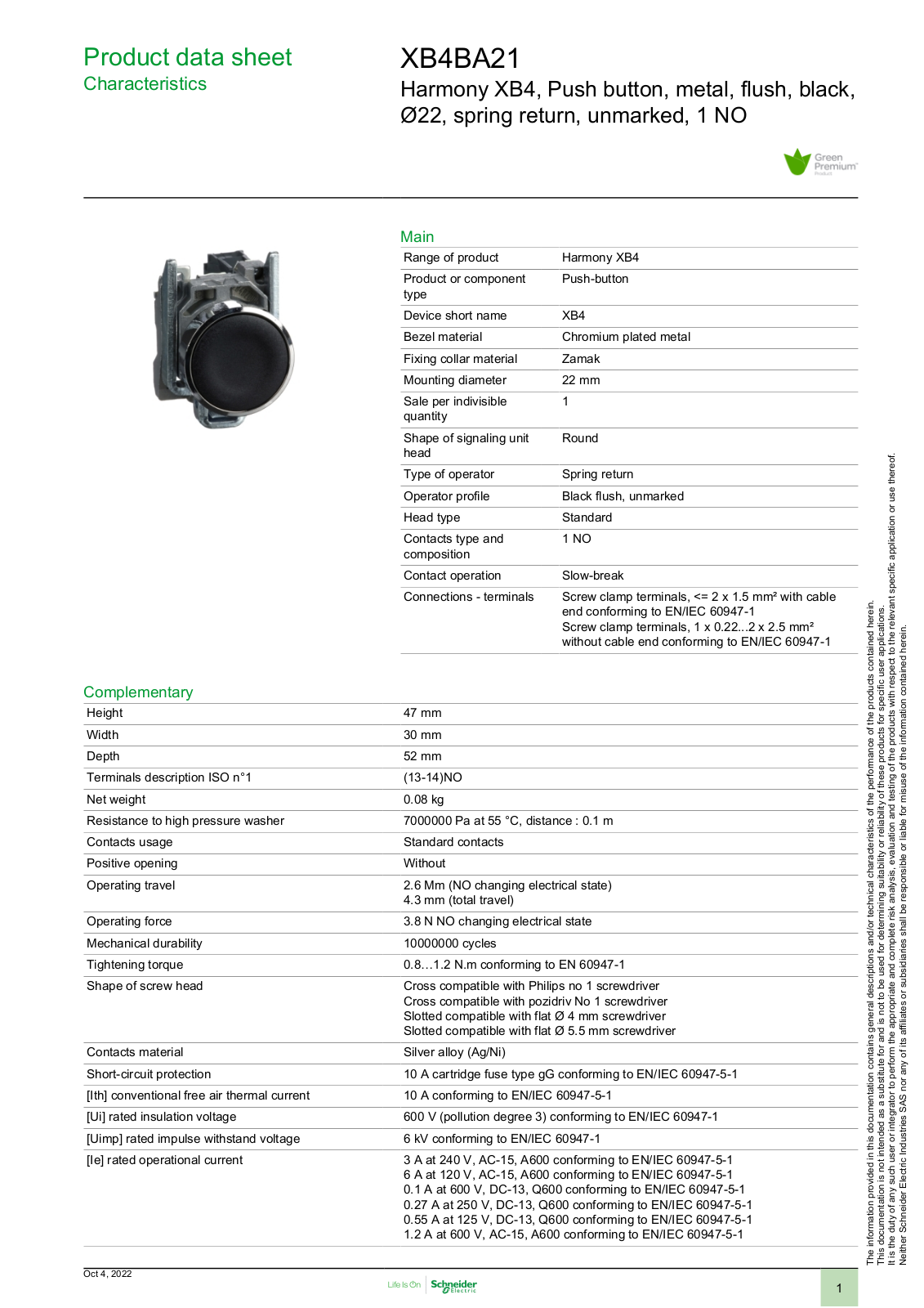 SCHNEIDER ELECTRIC XB4BA21 Datasheet - ManualMachine.com