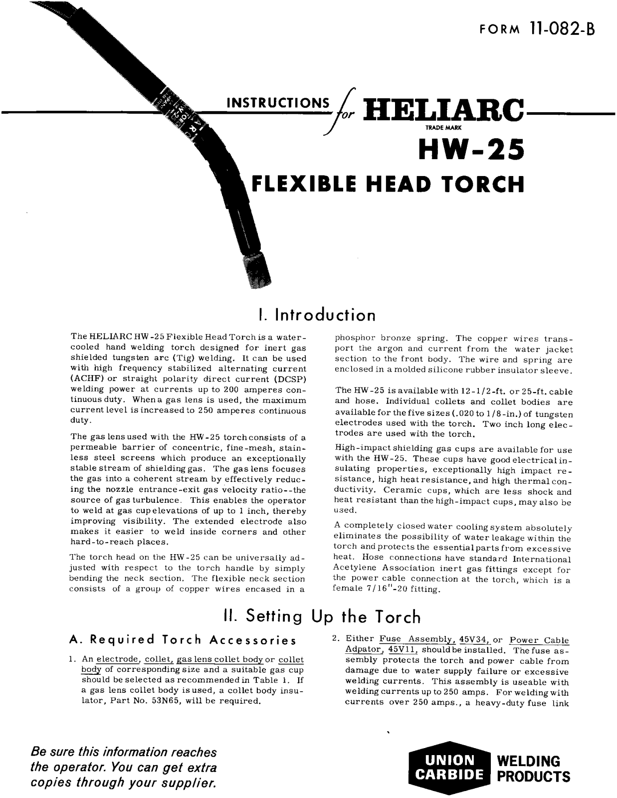 UNION CARBIDE Heliarc HW-25 Flexible Head Torch Troubleshooting instruction