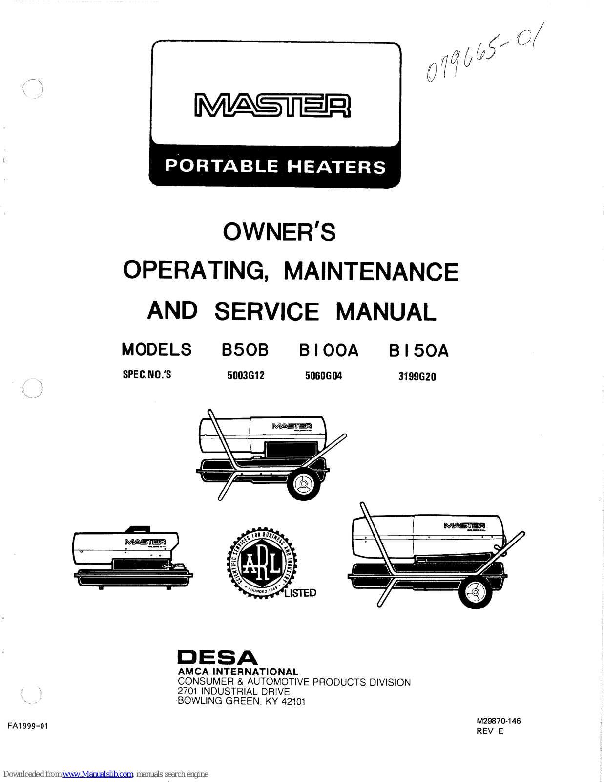 Master B100A, B50B, 5003G12, 5060G04, 3199G20 Maintenance Manual