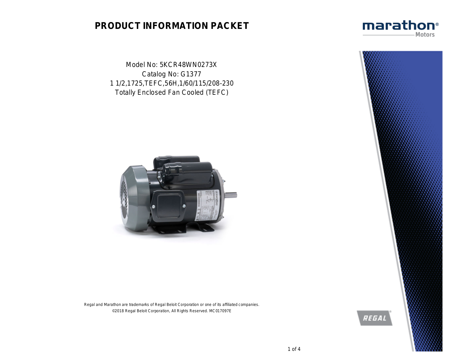 Marathon Electric 5KCR48WN0273X Product Information Packet