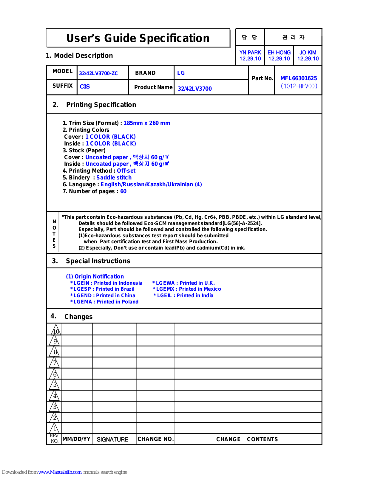 LG 32LV375G-ZC, 32LV3700-ZC, 32LV375S-ZB, 32LV375S-ZC, 32LV375T-ZA Owner's Manual