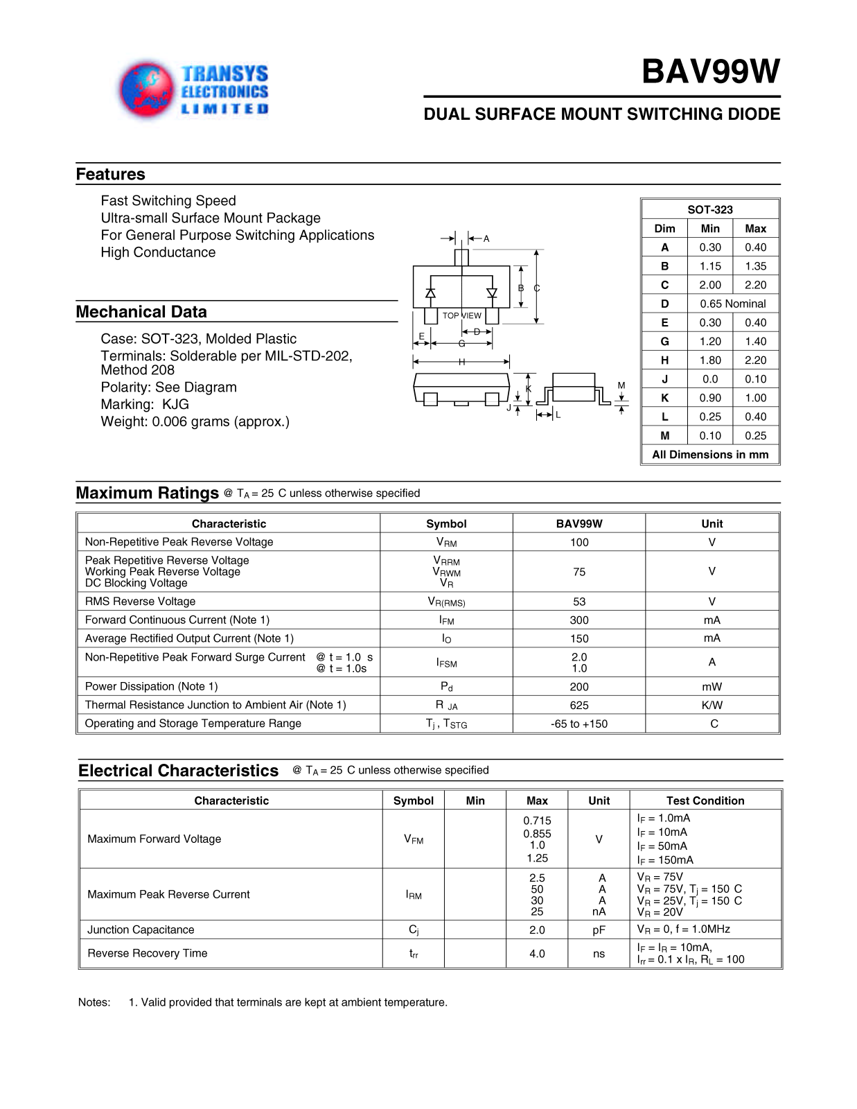 TEL BAV99W, BAV99W Datasheet